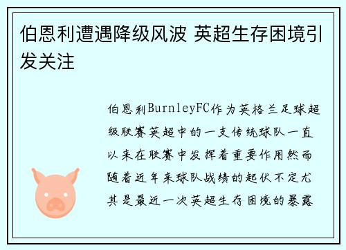 伯恩利遭遇降级风波 英超生存困境引发关注