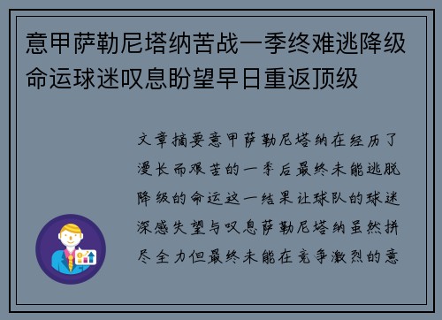 意甲萨勒尼塔纳苦战一季终难逃降级命运球迷叹息盼望早日重返顶级 意甲萨勒尼塔纳苦战一季终难逃降级命运球迷叹息盼望早日重返顶级
